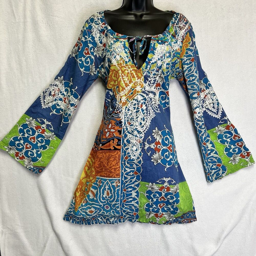 Debbie Katz South Beach Patchwork Tunic Dress Crotchet Trim Bell Sleeve CoverUp